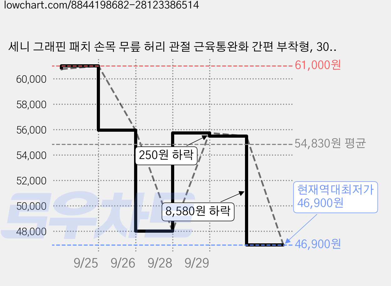 세니 그래핀 패치 손목 무릎 허리 관절 근육통완화 간편 부착형, 30매, 4개 가격 변동 차트, 현재가 46,900원, 역대최저가