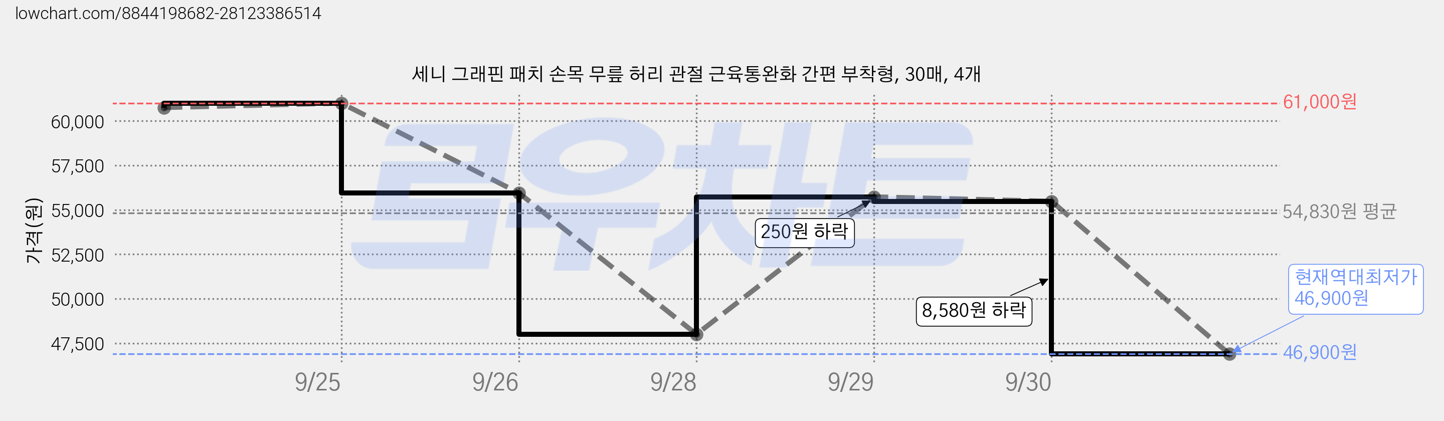 세니 그래핀 패치 손목 무릎 허리 관절 근육통완화 간편 부착형, 30매, 4개 가격 변동 차트, 현재가 46,900원, 역대최저가
