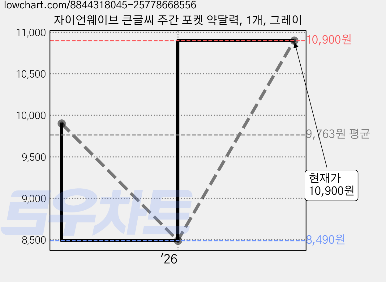 자이언웨이브 큰글씨 주간 포켓 약달력, 1개, 그레이 가격 변동 차트, 현재가 10,900원, 관측 최저가 8,490원
