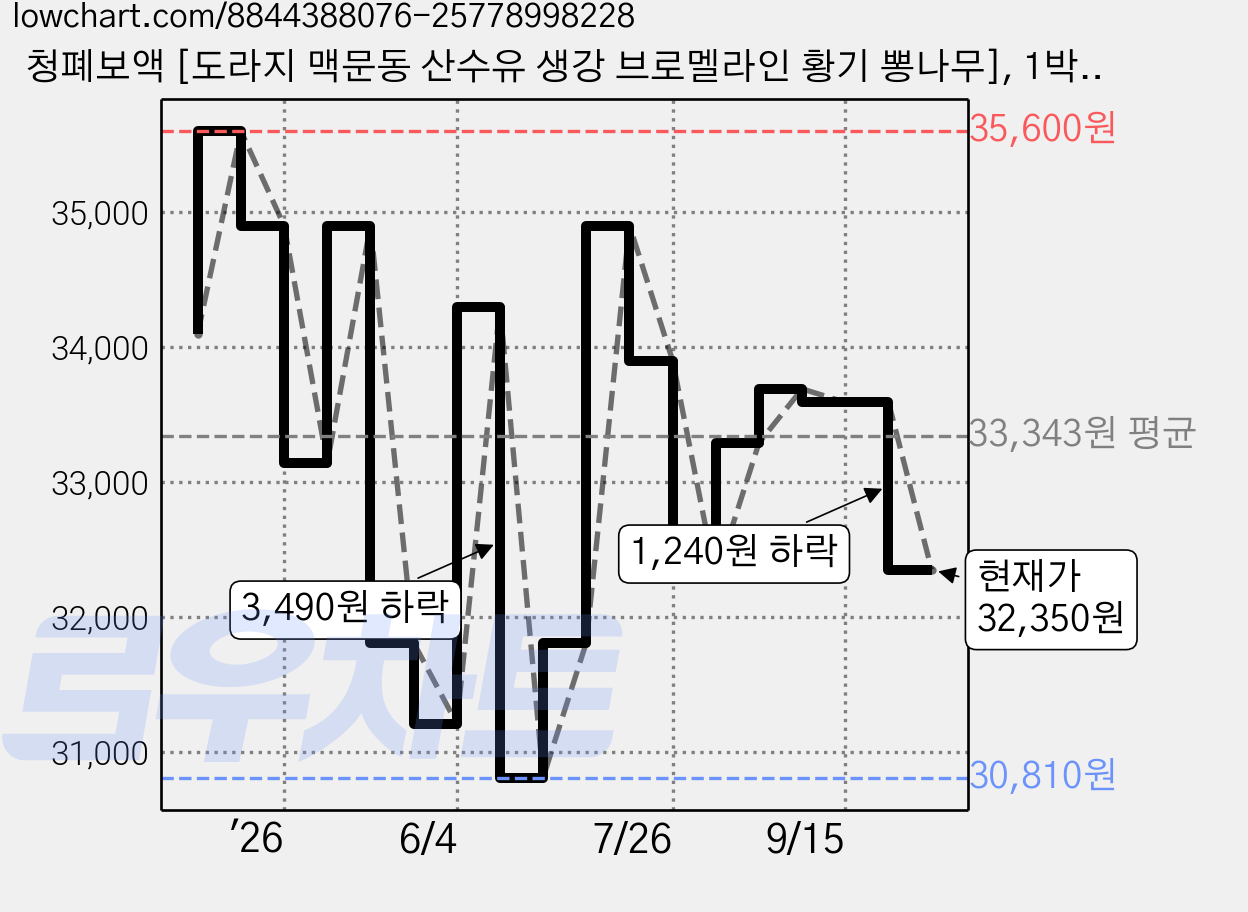 청폐보액 [도라지 맥문동 산수유 생강 브로멜라인 황기 뽕나무], 1박스, 225g 가격 변동 차트, 현재가 32,350원, 관측 최저가 30,810원