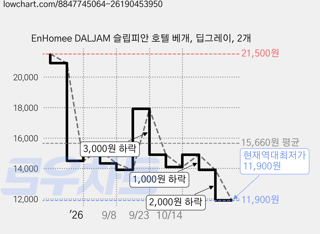 EnHomee DALJAM 슬립피안 호텔 베개, 딥그레이, 2개 가격 변동 차트, 현재가 11,900원, 역대최저가