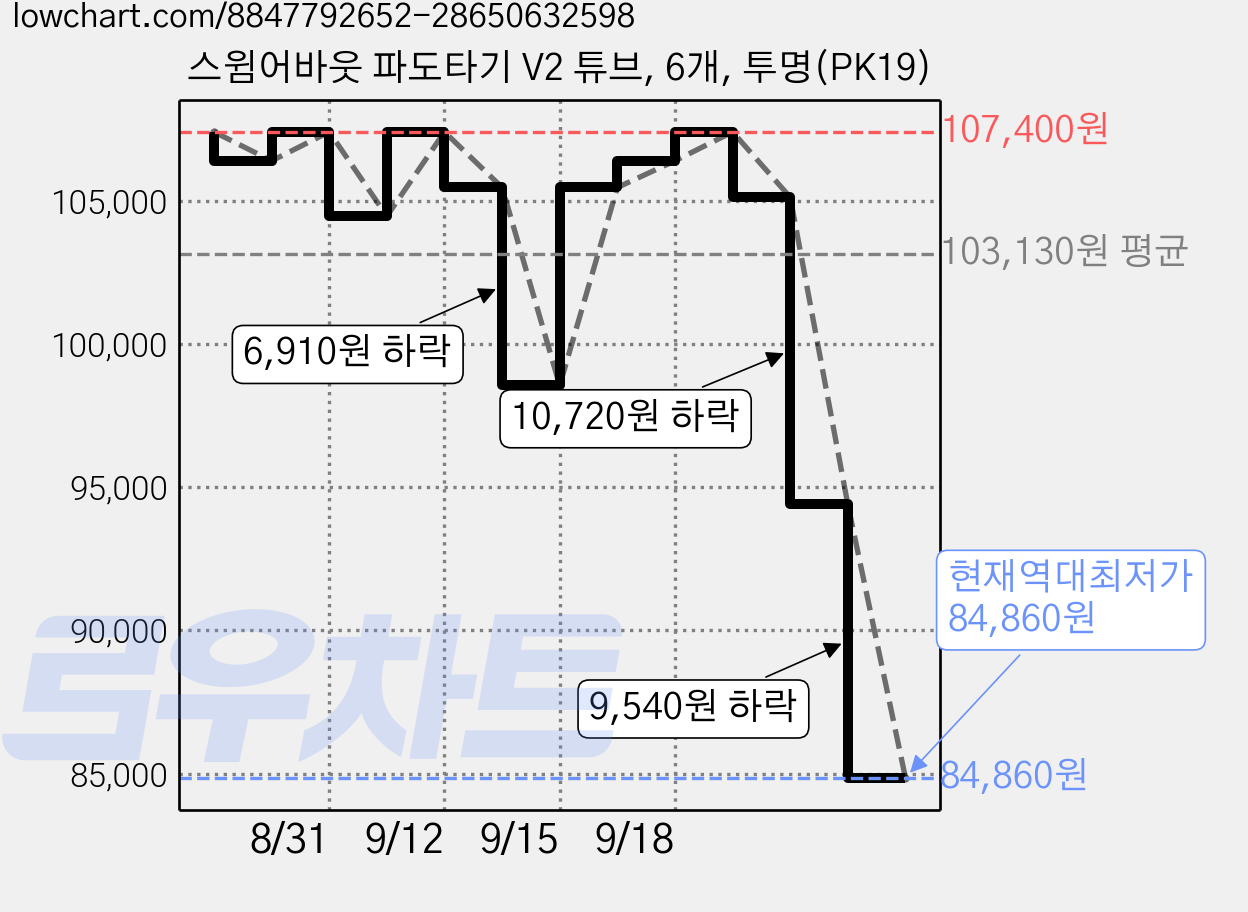 스윔어바웃 파도타기 V2 튜브, 6개, 투명(PK19) 가격 변동 차트, 현재가 84,860원, 역대최저가