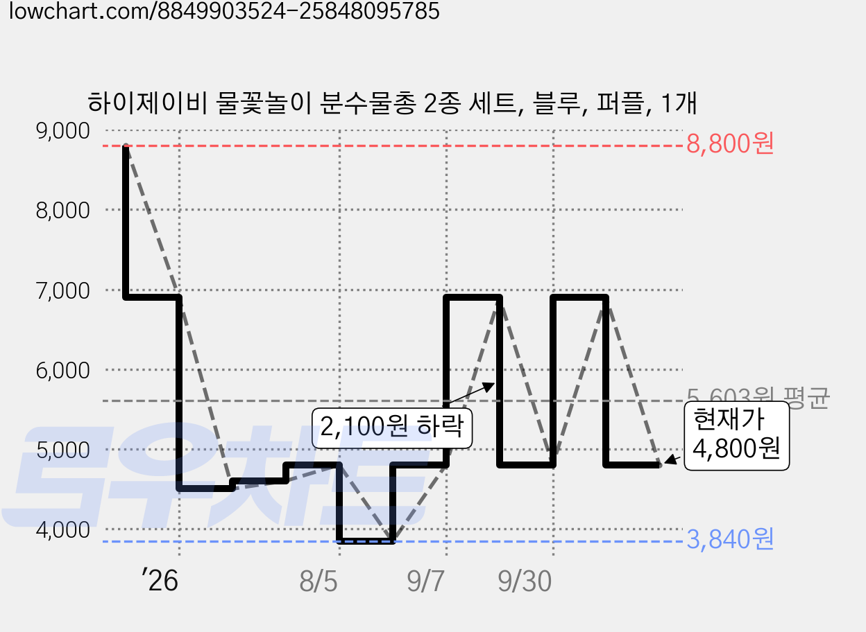 하이제이비 물꽃놀이 분수물총 2종 세트, 블루, 퍼플, 1개 가격 변동 차트, 현재가 4,800원, 관측 최저가 3,840원