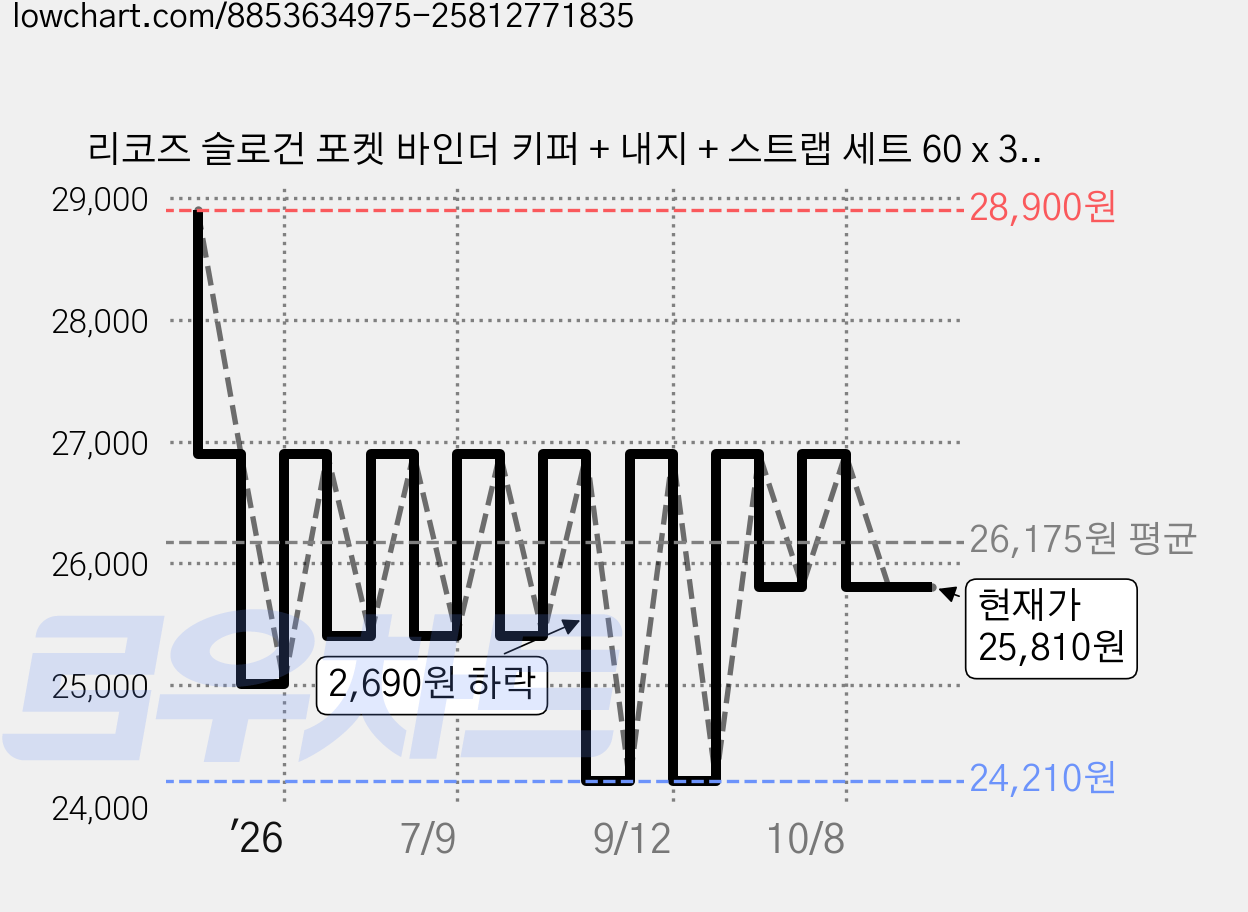 리코즈 슬로건 포켓 바인더 키퍼 + 내지 + 스트랩 세트 60 x 30 cm, 1개, 20매 가격 변동 차트, 현재가 25,810원, 관측 최저가 24,210원
