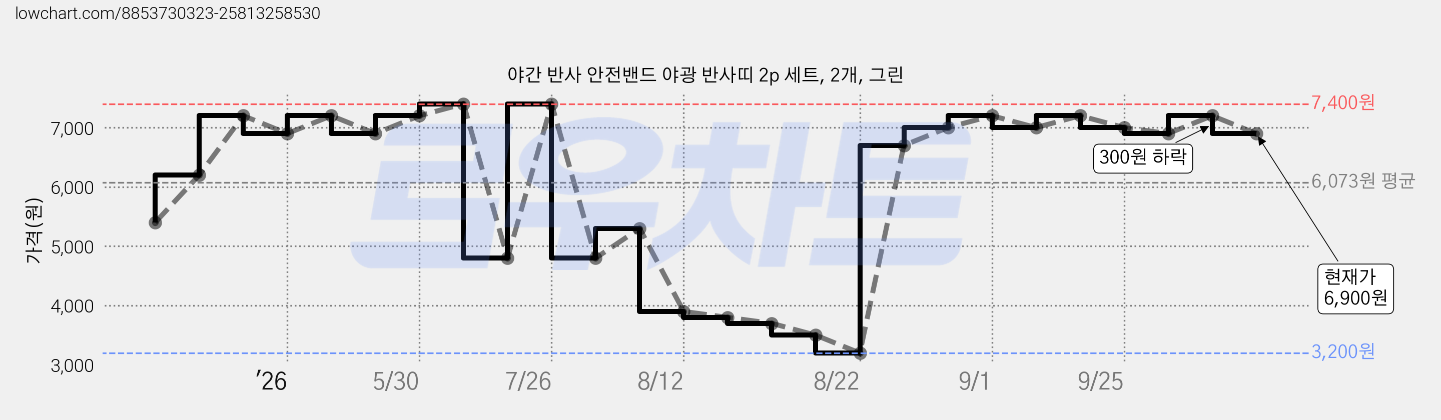 야간 반사 안전밴드 야광 반사띠 2p 세트, 2개, 그린 가격 변동 차트, 현재가 6,900원, 관측 최저가 3,200원