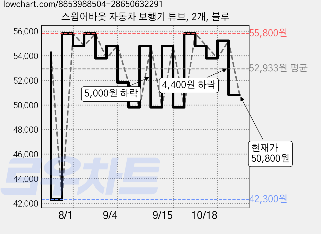 스윔어바웃 자동차 보행기 튜브, 2개, 블루 가격 변동 차트, 현재가 50,800원, 관측 최저가 42,300원