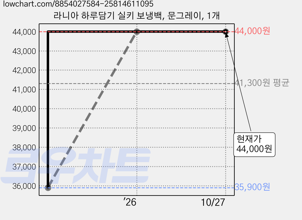 라니아 하루담기 실키 보냉백, 문그레이, 1개 가격 변동 차트, 현재가 44,000원, 관측 최저가 35,900원