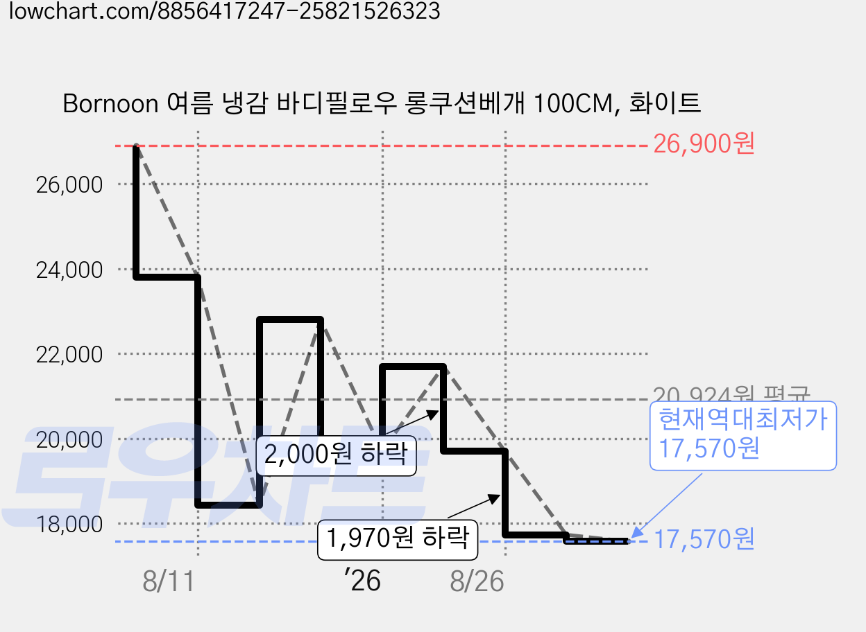 Bornoon 여름 냉감 바디필로우 롱쿠션베개 100CM, 화이트 가격 변동 차트, 현재가 17,570원, 역대최저가