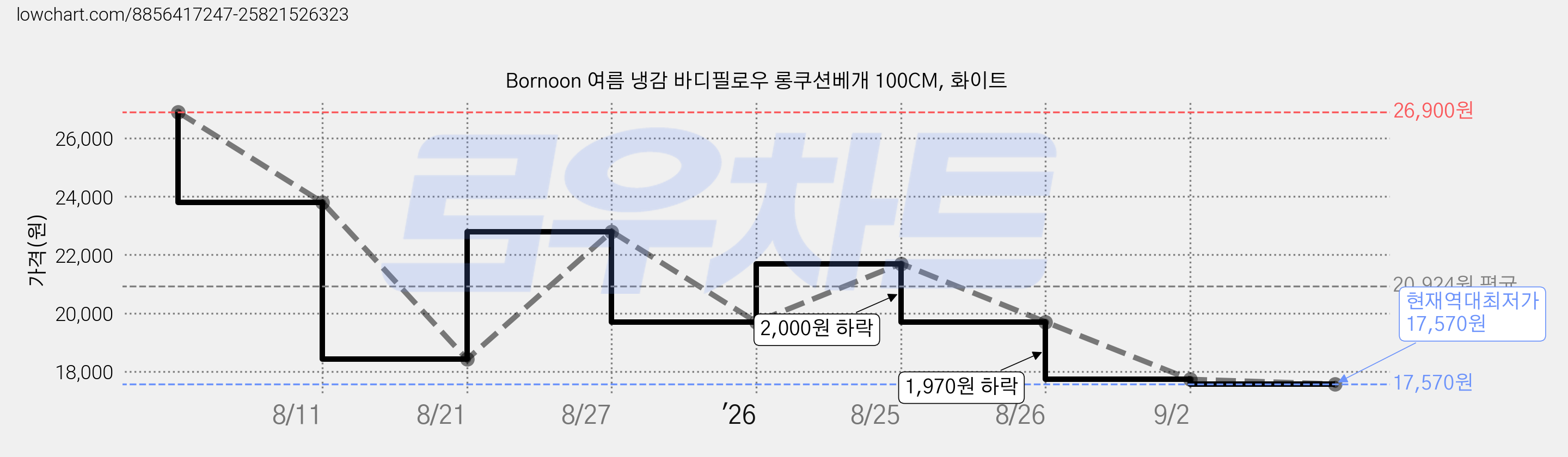 Bornoon 여름 냉감 바디필로우 롱쿠션베개 100CM, 화이트 가격 변동 차트, 현재가 17,570원, 역대최저가