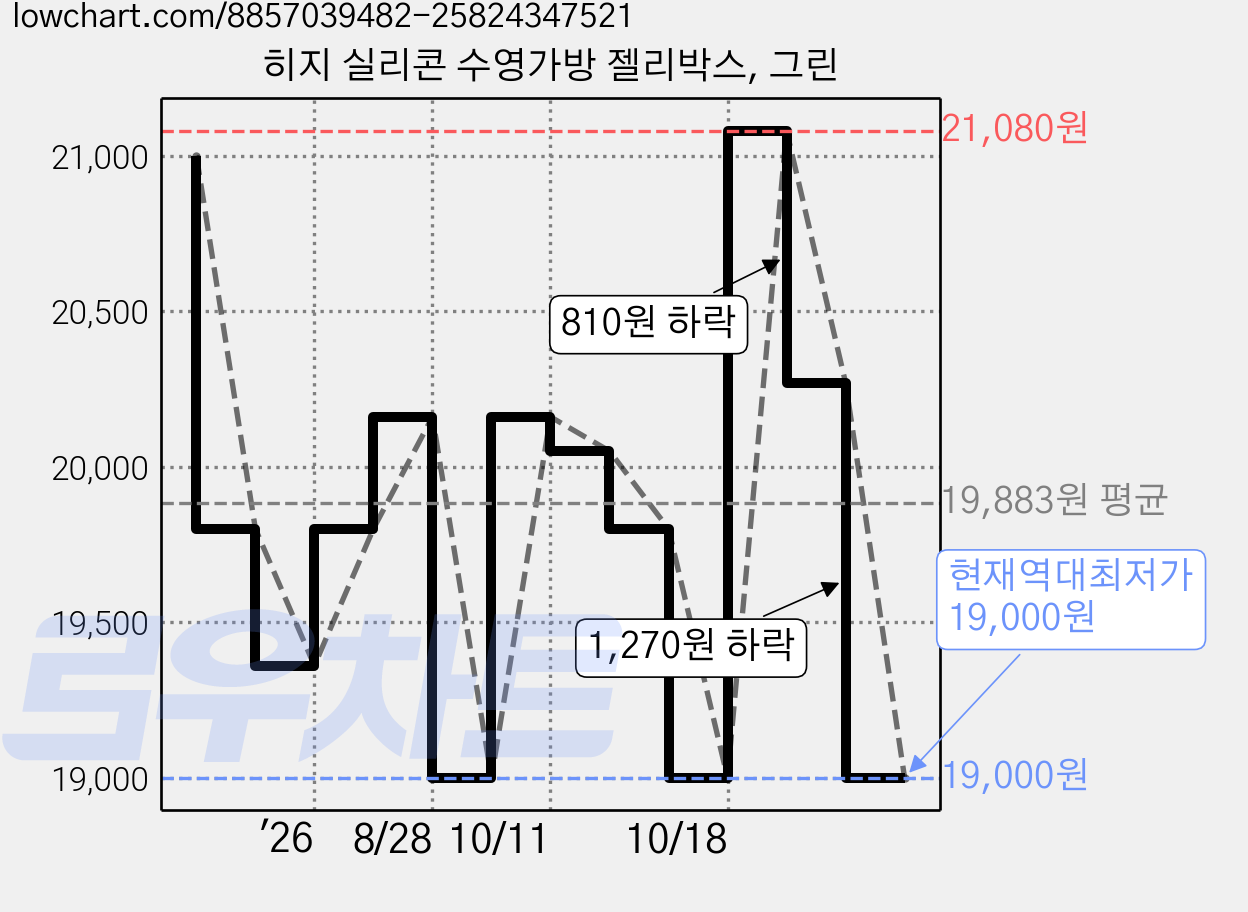 히지 실리콘 수영가방 젤리박스, 그린 가격 변동 차트, 현재가 19,000원, 역대최저가