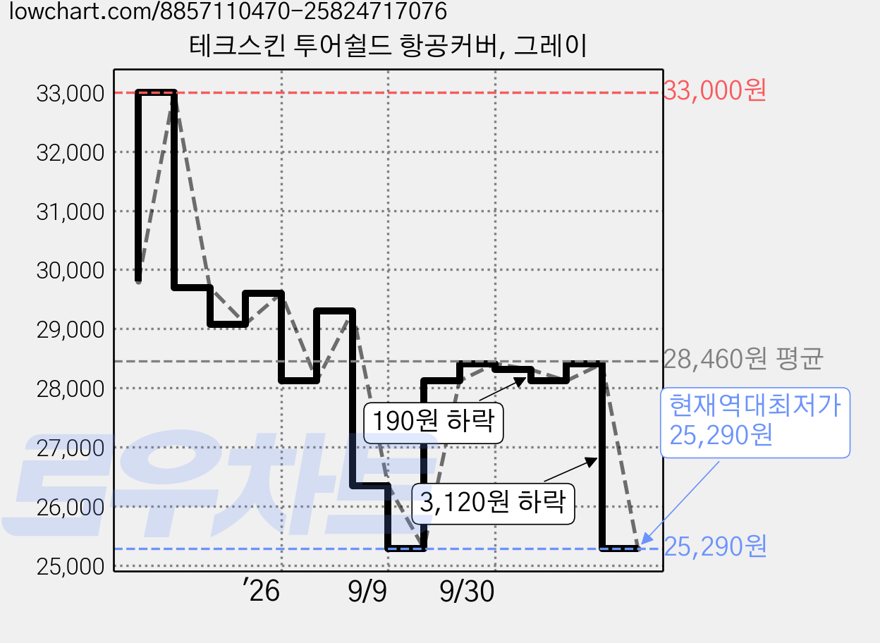 테크스킨 투어쉴드 항공커버, 그레이 가격 변동 차트, 현재가 25,290원, 역대최저가