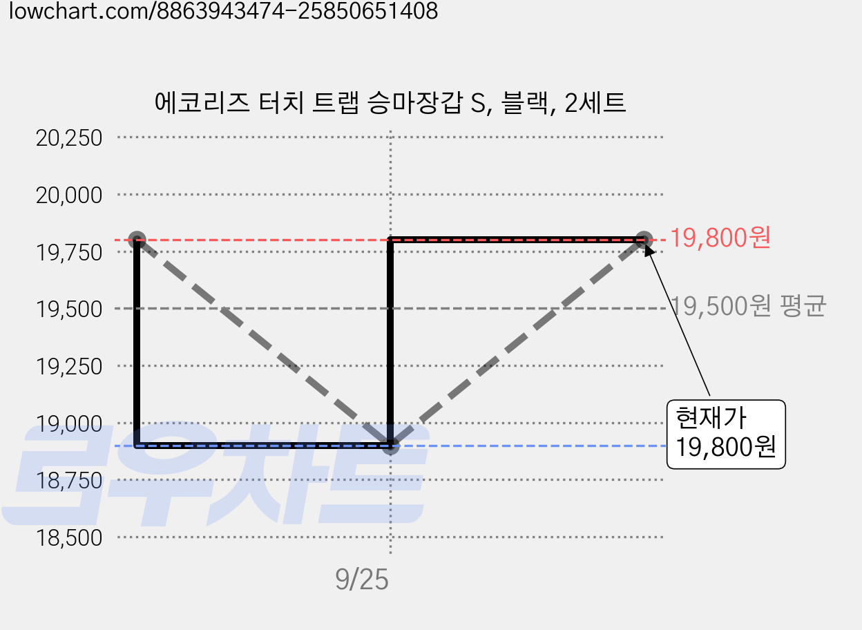 에코리즈 터치 트랩 승마장갑 S, 블랙, 2세트 가격 변동 차트, 현재가 19,800원, 관측 최저가 18,900원