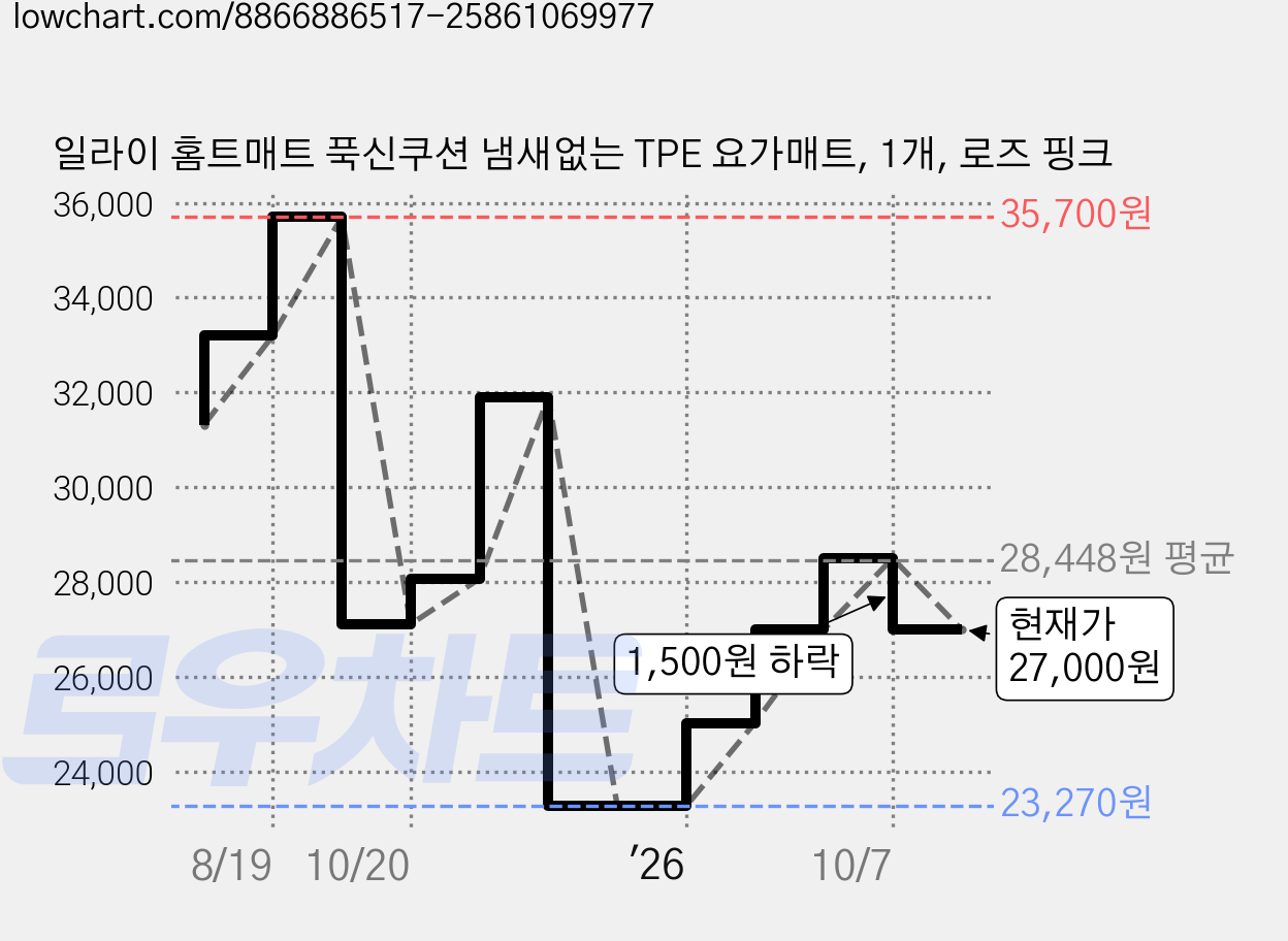 일라이 홈트매트 푹신쿠션 냄새없는 TPE 요가매트, 1개, 로즈 핑크 가격 변동 차트, 현재가 27,000원, 관측 최저가 23,270원
