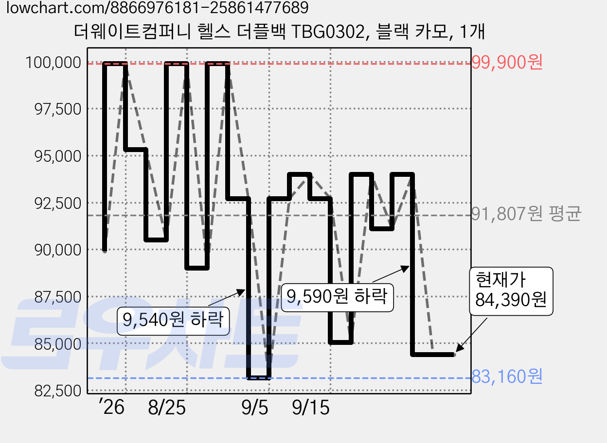 더웨이트컴퍼니 헬스 더플백 TBG0302, 블랙 카모, 1개 가격 변동 차트, 현재가 84,390원, 관측 최저가 83,160원