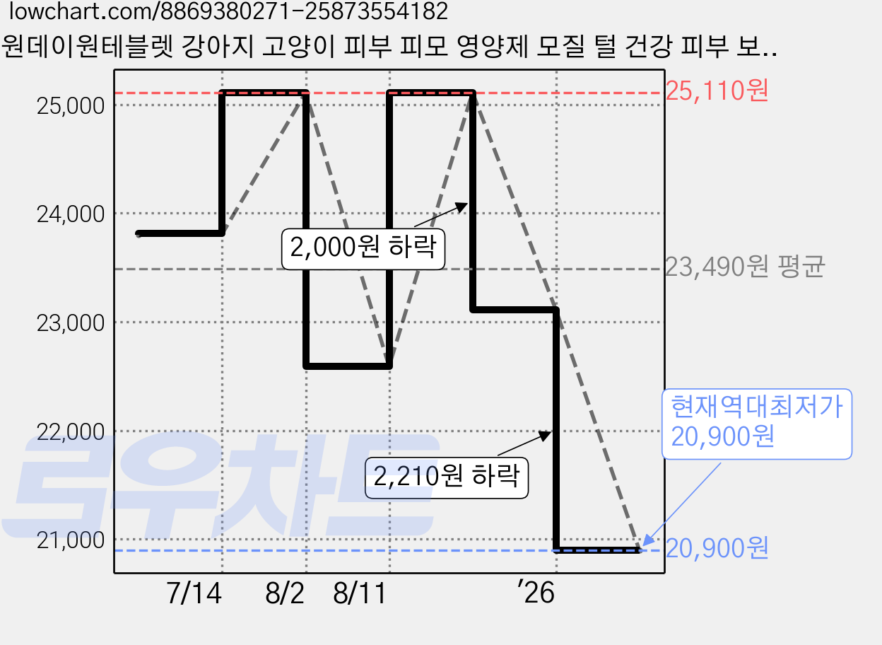 원데이원테블렛 강아지 고양이 피부 피모 영양제 모질 털 건강 피부 보습 각질 관리, 60회분, 피부/피모, 1세트 가격 변동 차트, 현재가 20,900원, 역대최저가