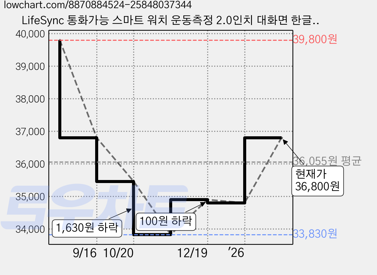LifeSync 통화가능 스마트 워치 운동측정 2.0인치 대화면 한글판 스마트밴드, 그레이, 4.5cm, 블루투스 가격 변동 차트, 현재가 36,800원, 관측 최저가 33,830원