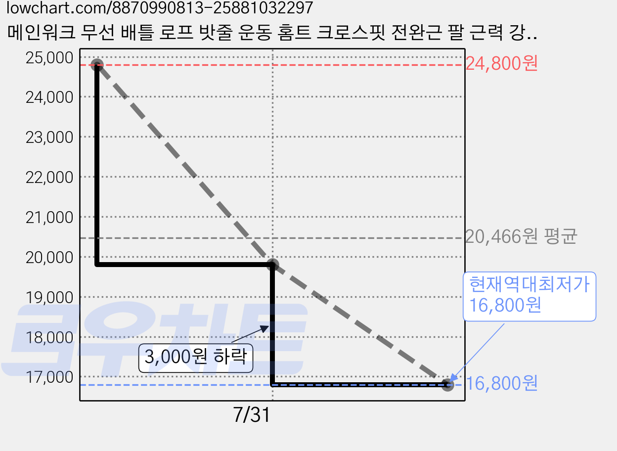 메인워크 무선 배틀 로프 밧줄 운동 홈트 크로스핏 전완근 팔 근력 강화 유산소 전신 운동기구, 회색 가격 변동 차트, 현재가 16,800원, 역대최저가