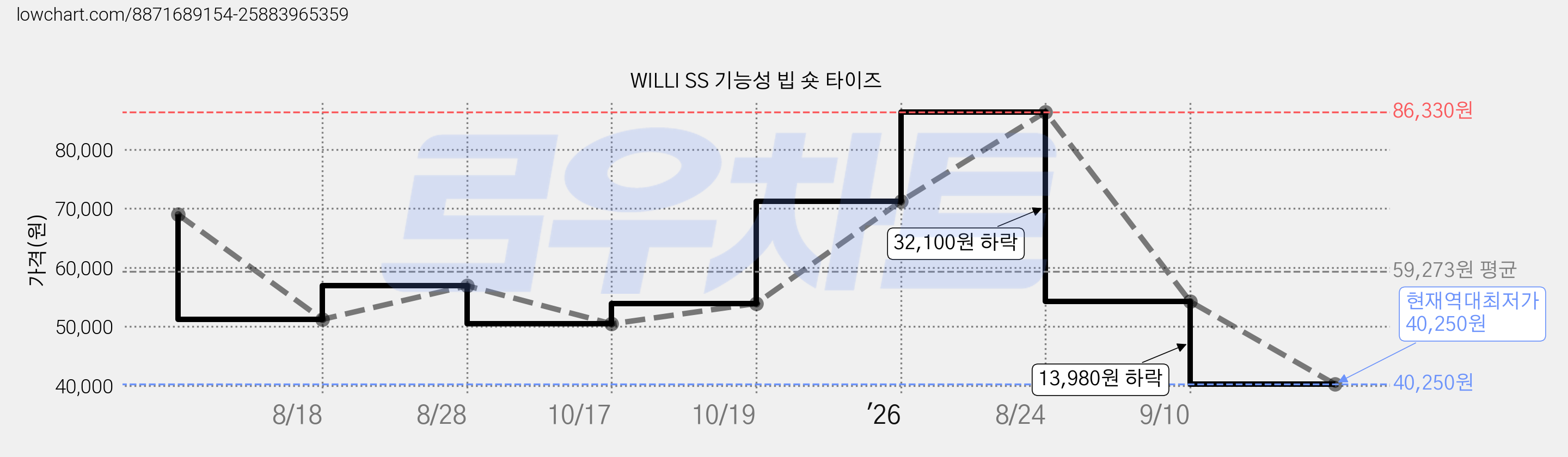 WILLI SS 기능성 빕 숏 타이즈 가격 변동 차트, 현재가 40,250원, 역대최저가