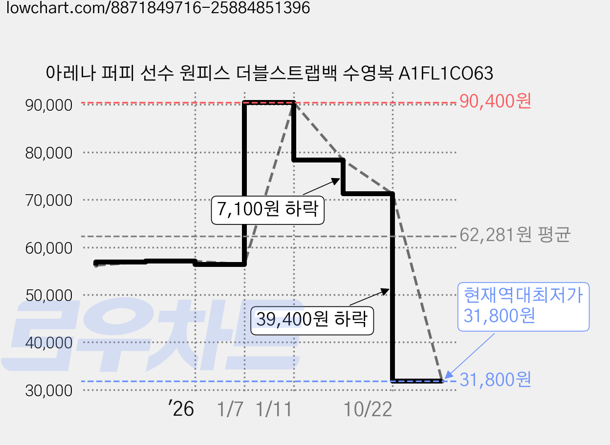 아레나 퍼피 선수 원피스 더블스트랩백 수영복 A1FL1CO63 가격 변동 차트, 현재가 31,800원, 역대최저가