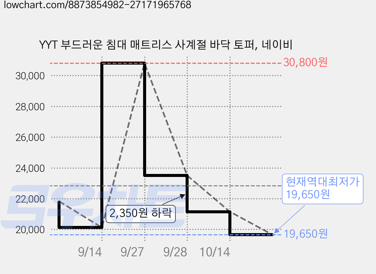 YYT 부드러운 침대 매트리스 사계절 바닥 토퍼, 네이비 가격 변동 차트, 현재가 19,650원, 역대최저가