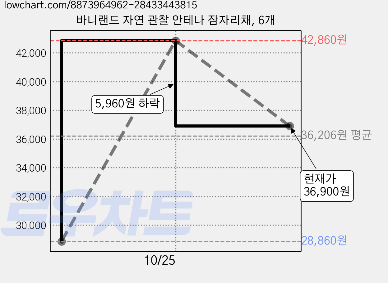 바니랜드 자연 관찰 안테나 잠자리채, 6개 가격 변동 차트, 현재가 36,900원, 관측 최저가 28,860원