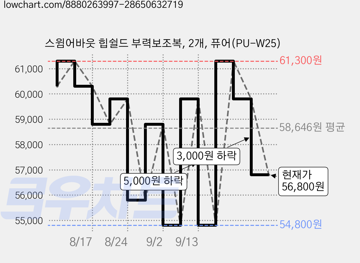 스윔어바웃 힙쉴드 부력보조복, 2개, 퓨어(PU-W25) 가격 변동 차트, 현재가 56,800원, 관측 최저가 54,800원