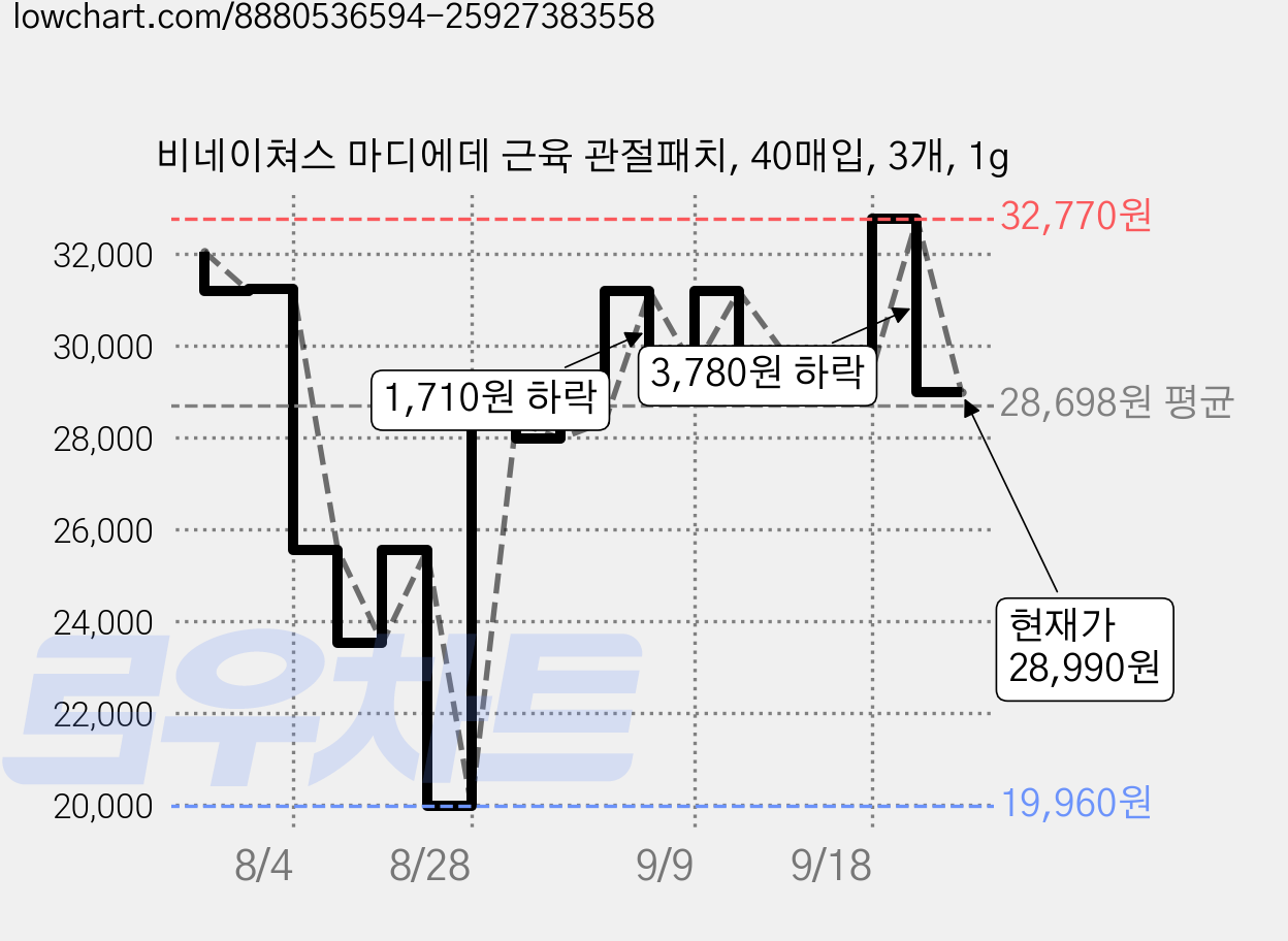 비네이쳐스 마디에데 근육 관절패치, 40매입, 3개, 1g 가격 변동 차트, 현재가 28,990원, 관측 최저가 19,960원