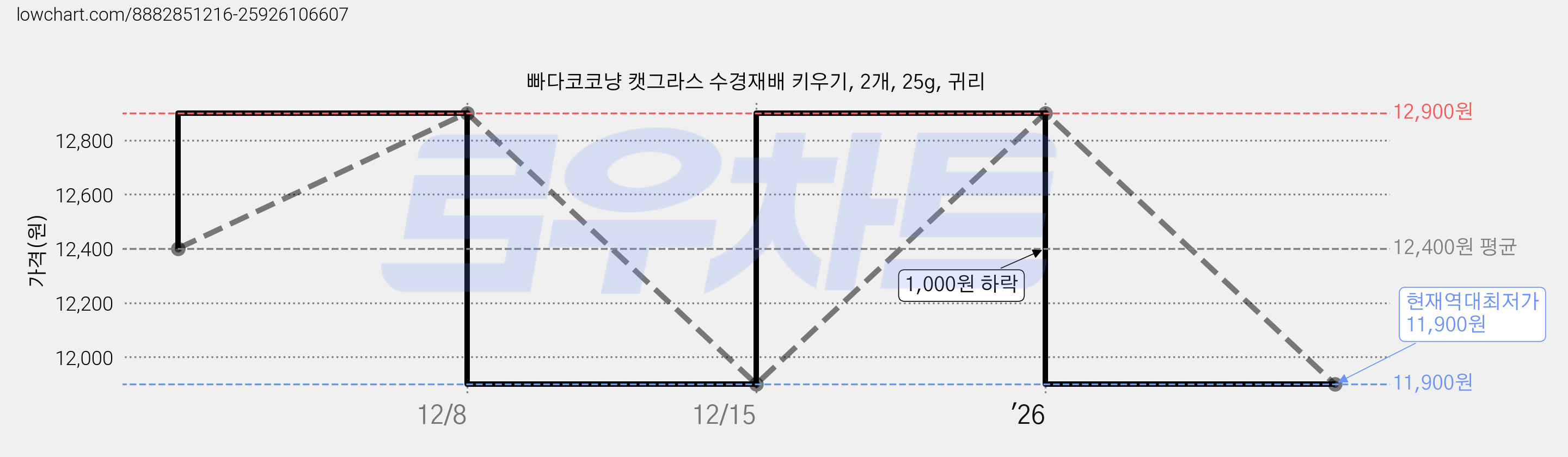 빠다코코냥 캣그라스 수경재배 키우기, 2개, 25g, 귀리 가격 변동 차트, 현재가 11,900원, 역대최저가