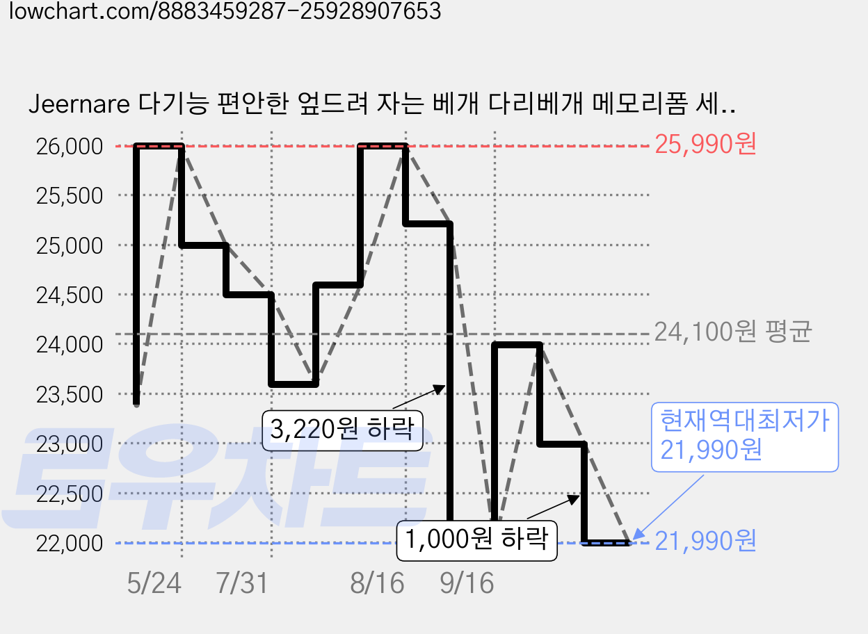 Jeernare 다기능 편안한 엎드려 자는 베개 다리베개 메모리폼 세탁가능, 스카이, 1개 가격 변동 차트, 현재가 21,990원, 역대최저가