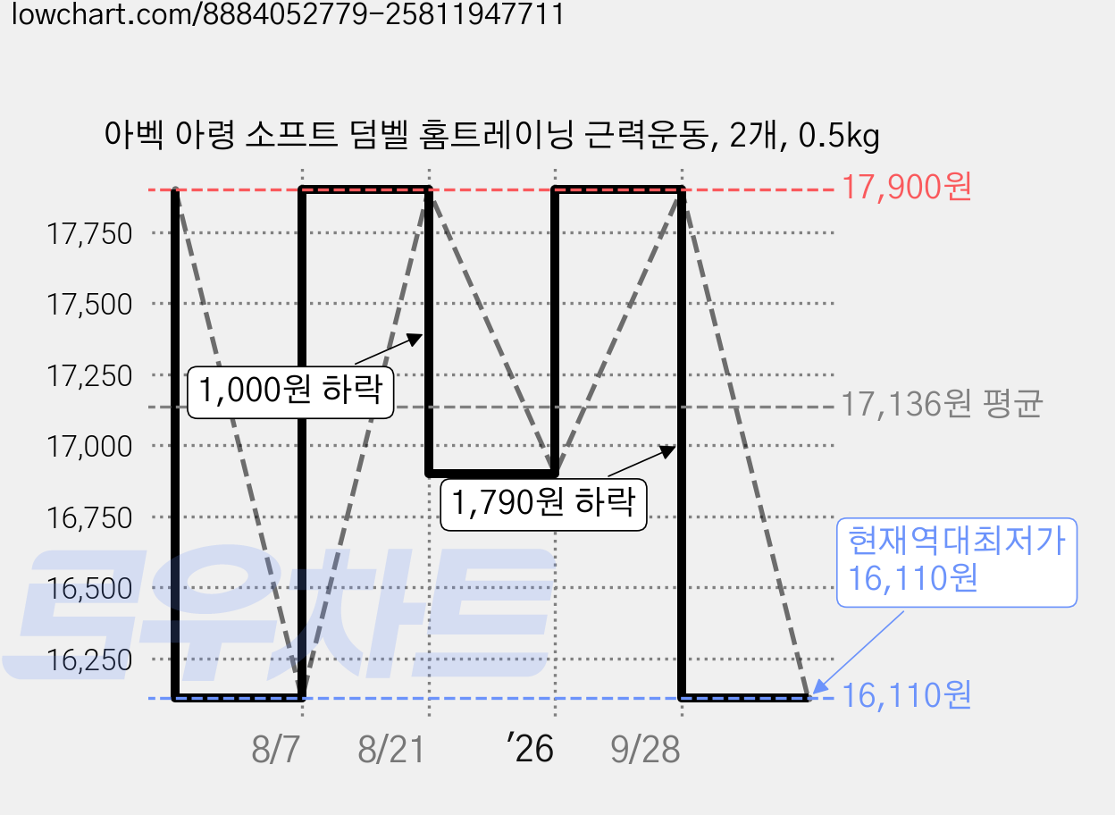 아벡 아령 소프트 덤벨 홈트레이닝 근력운동, 2개, 0.5kg 가격 변동 차트, 현재가 16,110원, 역대최저가