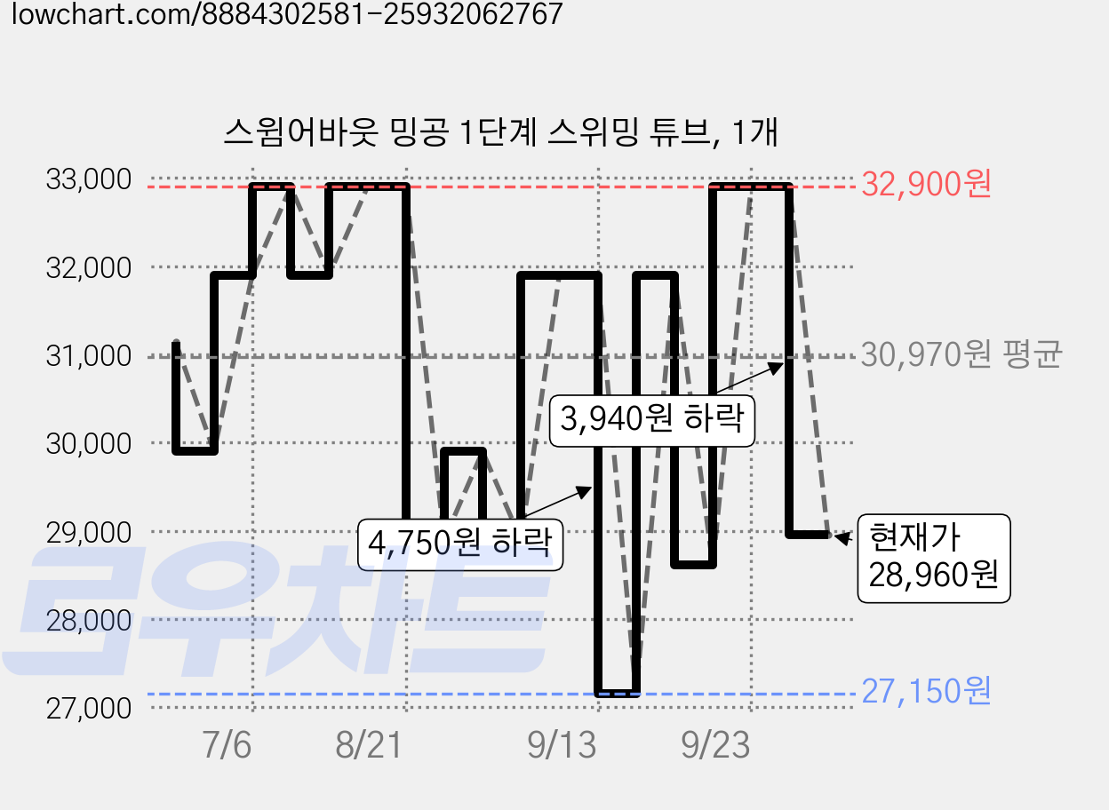 스윔어바웃 밍공 1단계 스위밍 튜브, 1개 가격 변동 차트, 현재가 28,960원, 관측 최저가 25,340원