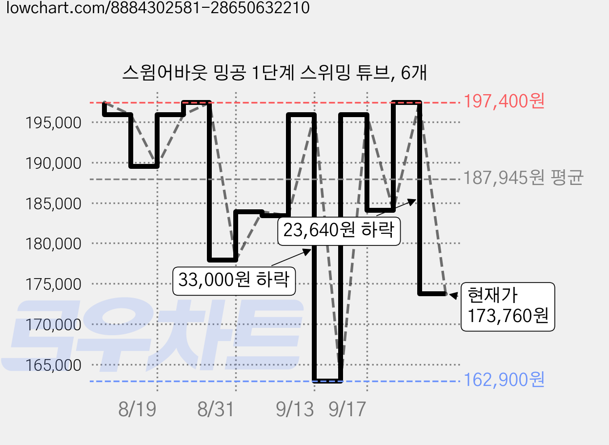 스윔어바웃 밍공 1단계 스위밍 튜브, 6개 가격 변동 차트, 현재가 173,760원, 관측 최저가 162,900원