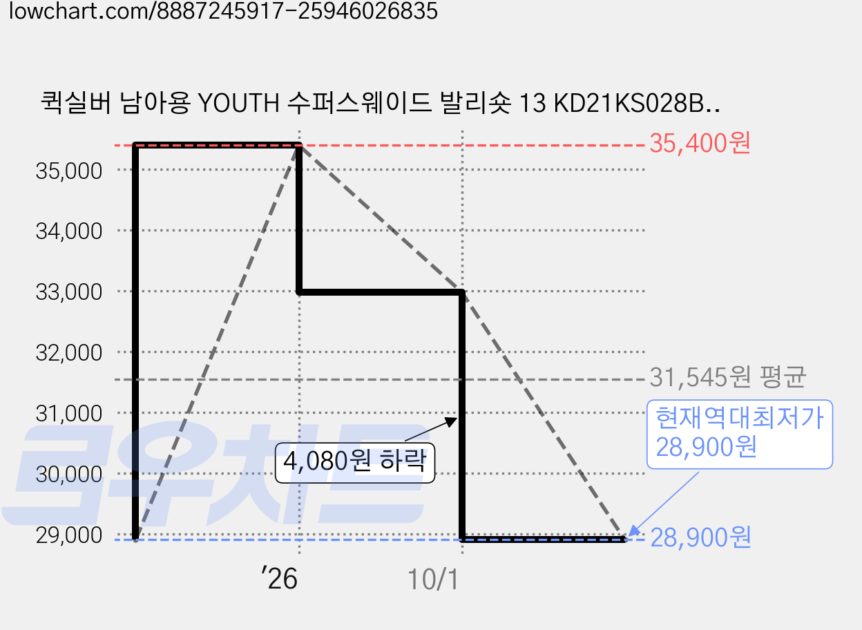 퀵실버 남아용 YOUTH 수퍼스웨이드 발리숏 13 KD21KS028BRT 가격 변동 차트, 현재가 28,900원, 역대최저가
