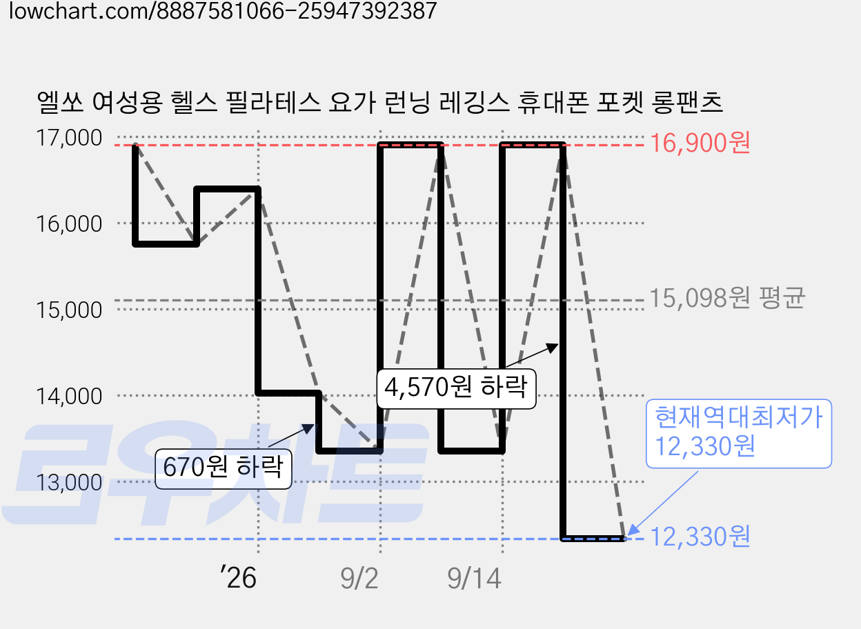 엘쏘 여성용 헬스 필라테스 요가 런닝 레깅스 휴대폰 포켓 롱팬츠 가격 변동 차트, 현재가 12,330원, 역대최저가