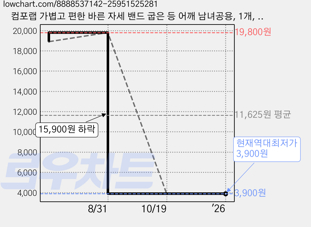 컴포랩 가볍고 편한 바른 자세 밴드 굽은 등 어깨 남녀공용, 1개, 블랙 가격 변동 차트, 현재가 3,900원, 역대최저가