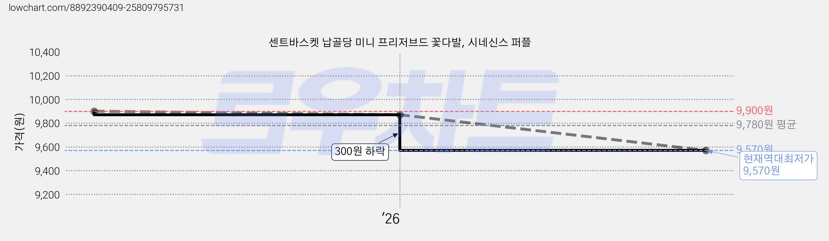 센트바스켓 납골당 미니 프리저브드 꽃다발, 시네신스 퍼플 가격 변동 차트, 현재가 9,570원, 역대최저가
