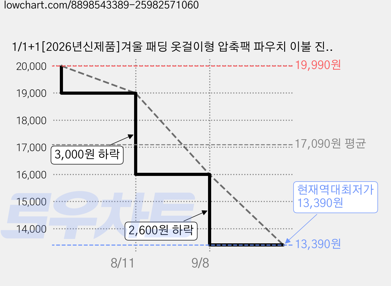 1/1+1[2026년신제품]겨울 패딩 옷걸이형 압축팩 파우치 이불 진공 압축커버, 1세트, 2개입 가격 변동 차트, 현재가 13,390원, 역대최저가