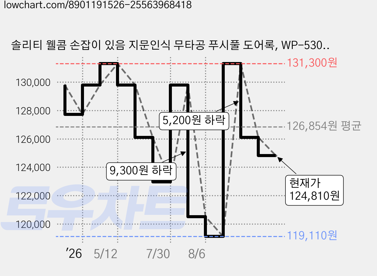 솔리티 웰콤 손잡이 있음 지문인식 무타공 푸시풀 도어록, WP-530B, 고객직접설치 가격 변동 차트, 현재가 124,810원, 관측 최저가 119,110원