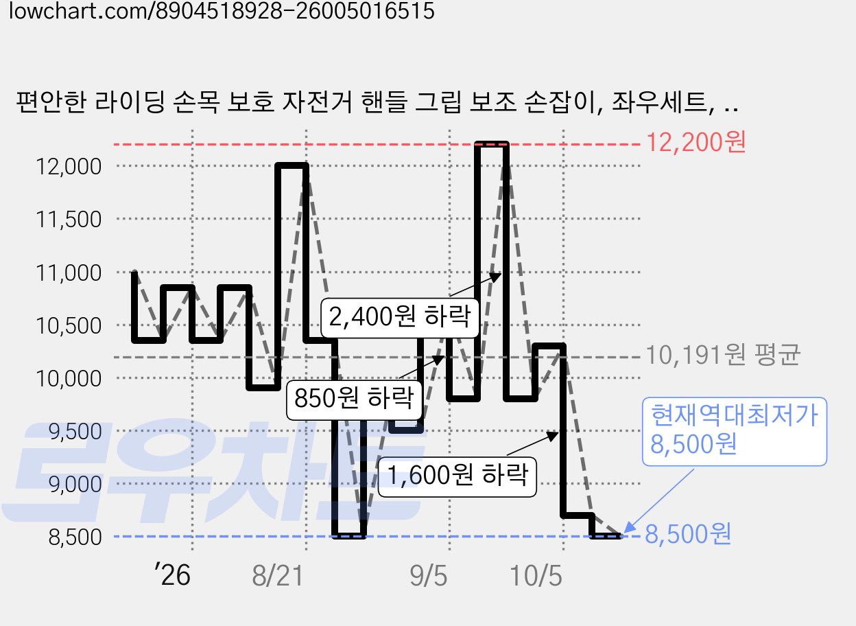 편안한 라이딩 손목 보호 자전거 핸들 그립 보조 손잡이, 좌우세트, 10cm 블랙 가격 변동 차트, 현재가 8,500원, 역대최저가