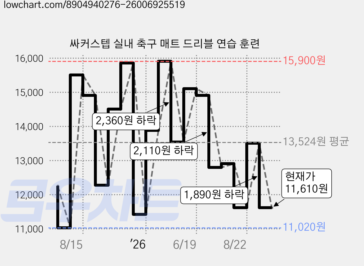 싸커스텝 실내 축구 매트 드리블 연습 훈련 가격 변동 차트, 현재가 11,610원, 관측 최저가 10,610원
