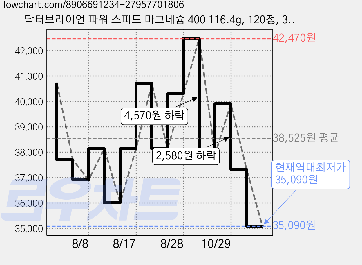 닥터브라이언 파워 스피드 마그네슘 400 116.4g, 120정, 3개 가격 변동 차트, 현재가 35,090원, 역대최저가