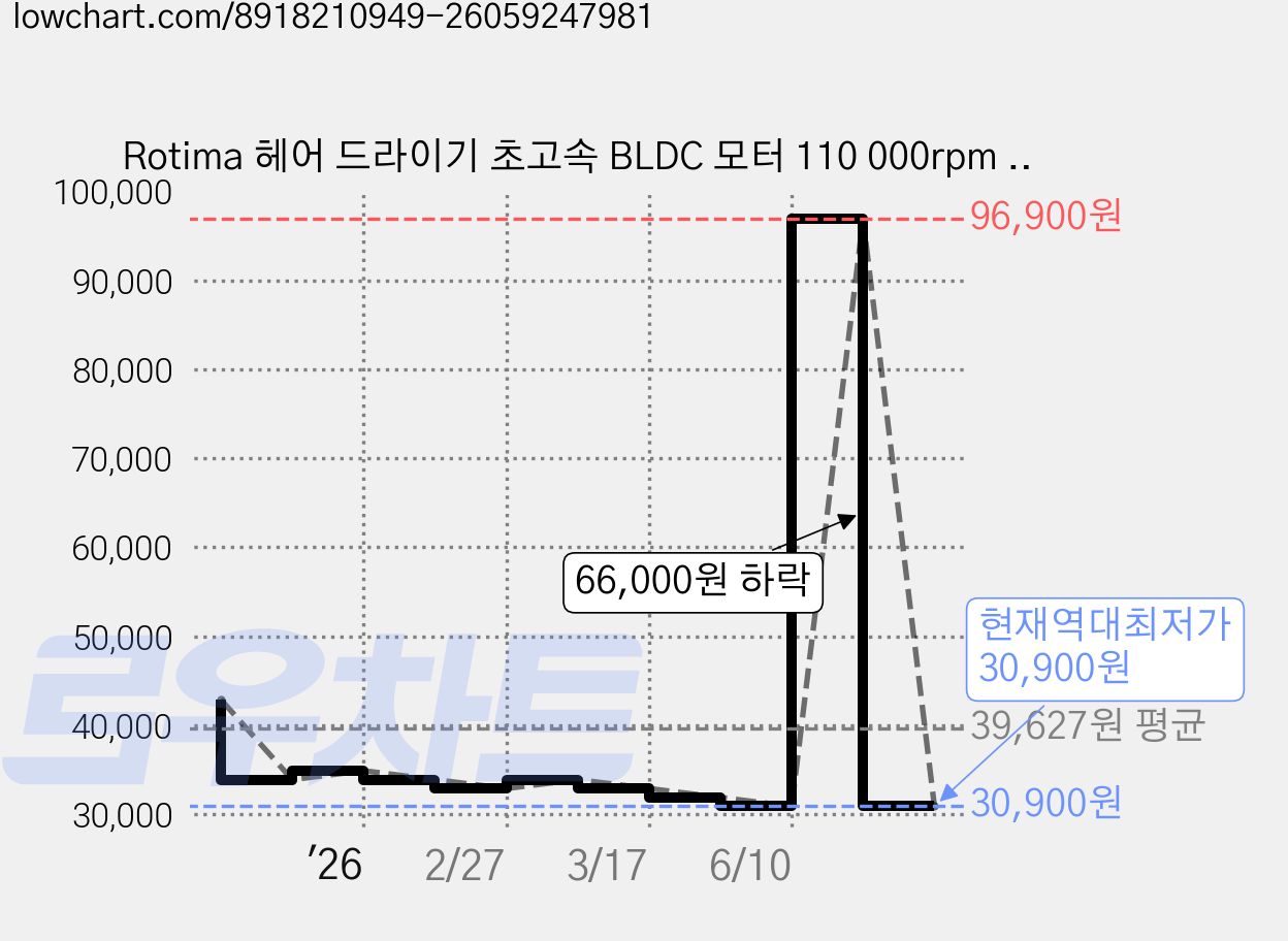 Rotima 헤어 드라이기 초고속 BLDC 모터 110 000rpm 1500W 휴대용 미니 드라이어, 그레이, YEY-GS87 가격 변동 차트, 현재가 30,900원, 역대최저가