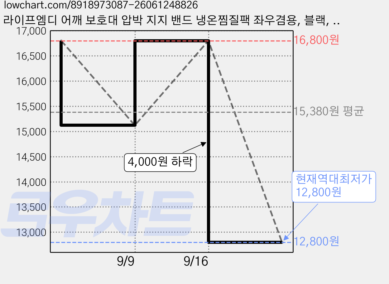 라이프엠디 어깨 보호대 압박 지지 밴드 냉온찜질팩 좌우겸용, 블랙, 1개 가격 변동 차트, 현재가 12,800원, 역대최저가
