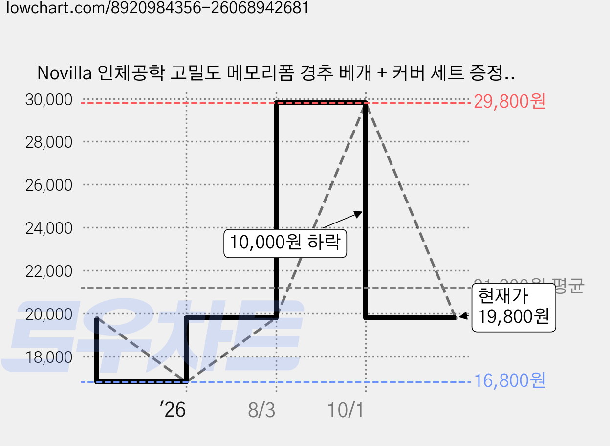 Novilla 인체공학 고밀도 메모리폼 경추 베개 + 커버 세트 증정, 회색, 1개 가격 변동 차트, 현재가 19,800원, 관측 최저가 16,800원
