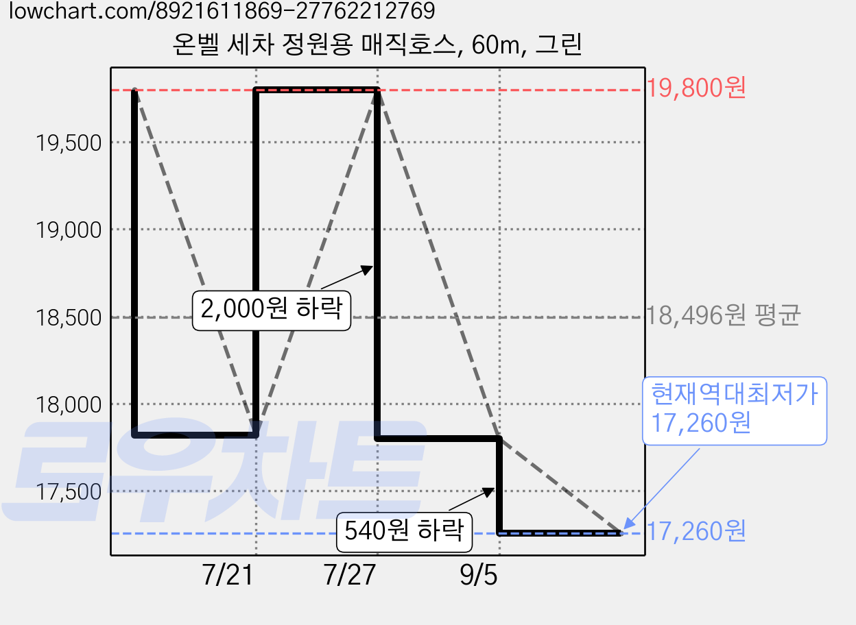 온벨 세차 정원용 매직호스, 60m, 그린 가격 변동 차트, 현재가 17,260원, 역대최저가