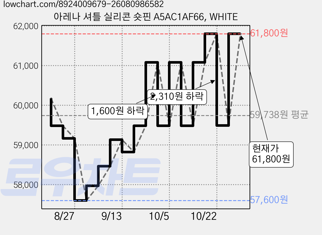 아레나 셔틀 실리콘 숏핀 A5AC1AF66, WHITE 가격 변동 차트, 현재가 59,490원, 관측 최저가 56,900원