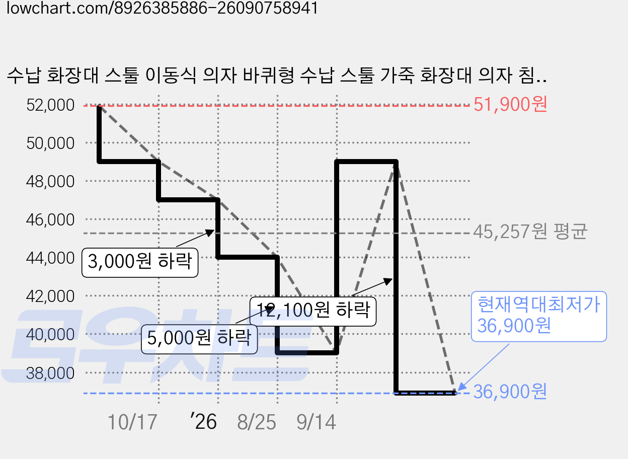 수납 화장대 스툴 이동식 의자 바퀴형 수납 스툴 가죽 화장대 의자 침실 미니 스툴, 1개, 그레이 가격 변동 차트, 현재가 36,900원, 역대최저가