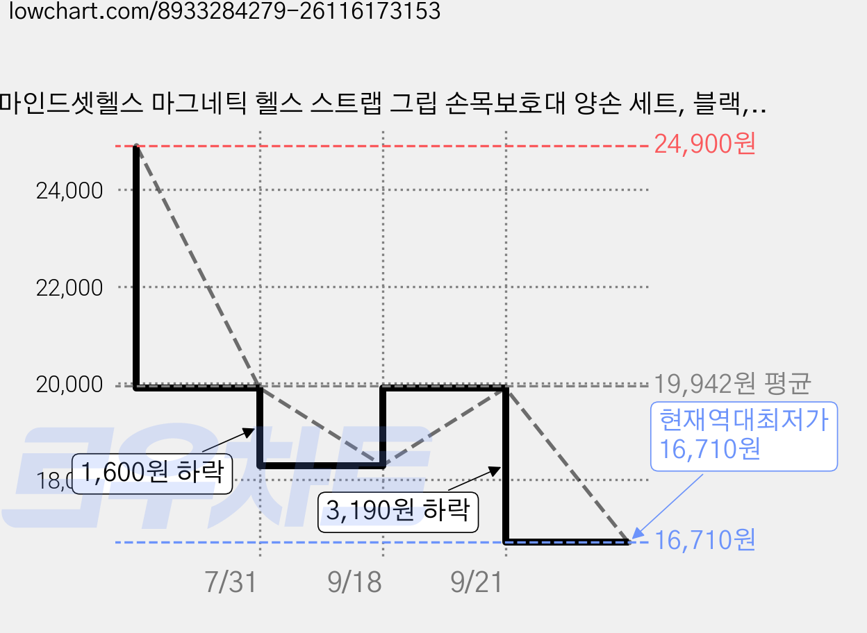 마인드셋헬스 마그네틱 헬스 스트랩 그립 손목보호대 양손 세트, 블랙, 1세트 가격 변동 차트, 현재가 16,710원, 역대최저가