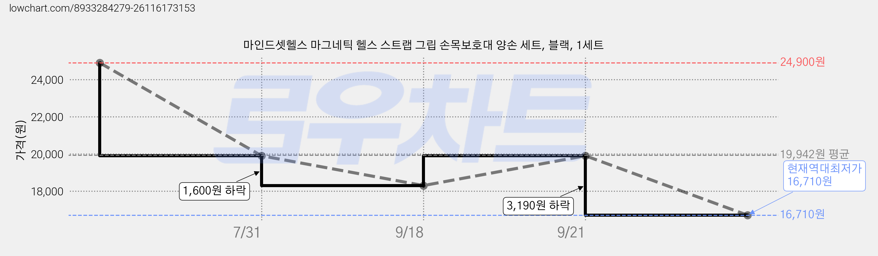 마인드셋헬스 마그네틱 헬스 스트랩 그립 손목보호대 양손 세트, 블랙, 1세트 가격 변동 차트, 현재가 16,710원, 역대최저가