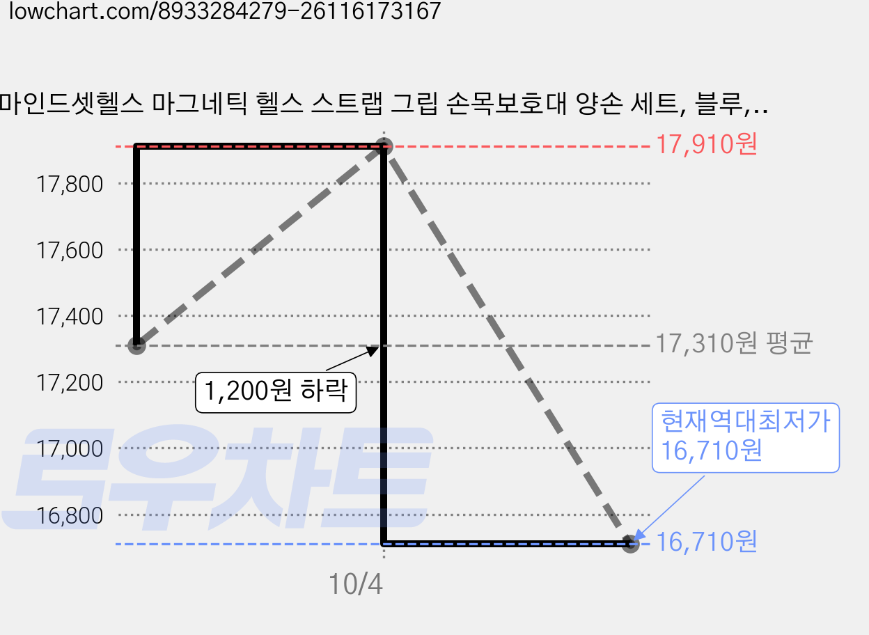 마인드셋헬스 마그네틱 헬스 스트랩 그립 손목보호대 양손 세트, 블루, 1세트 가격 변동 차트, 현재가 16,710원, 역대최저가